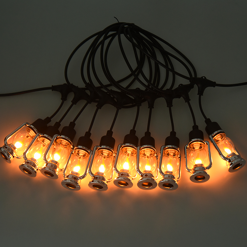 Plameňový svetelný reťazec v štýle lampy v štýle vintage koča (strieborný, 5 metrov 10 svetiel)